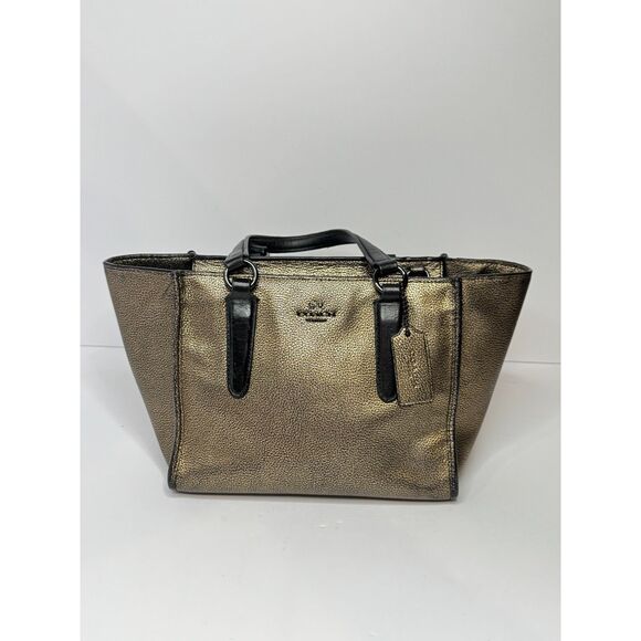 Coach Handbags - Coach Metallic Mini Crosby Pebbled Leather Tote Bag Gold Black Purse Carryall